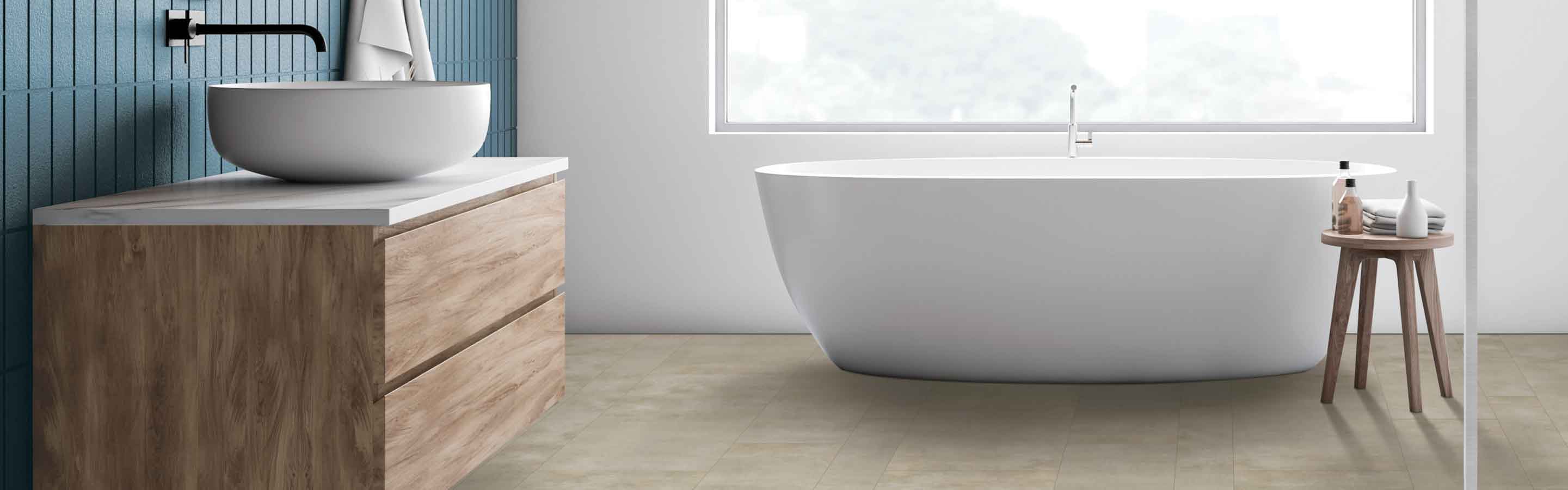 vinyl flooring in a bathroom with freestanding tub and large window